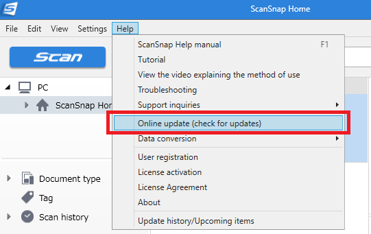 ScanSnap Home Software - Help menu online update